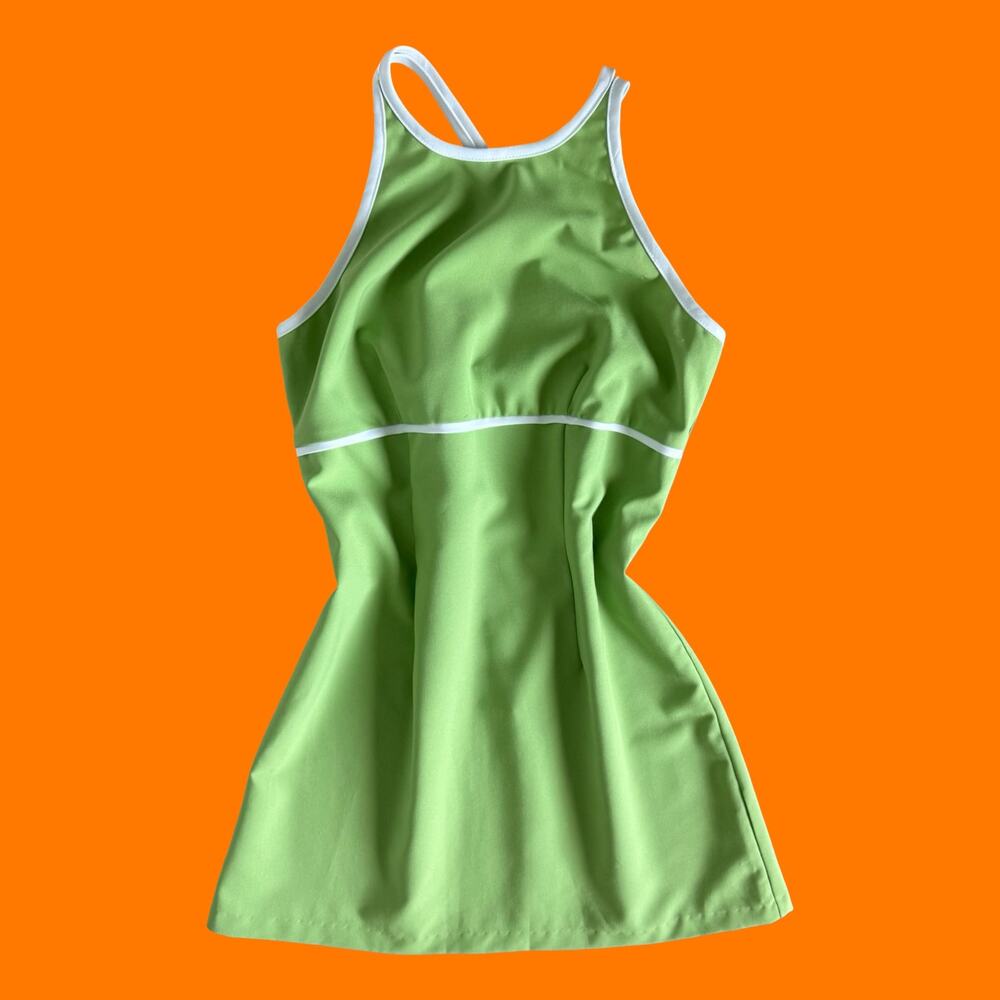 90's vintage green high neck mod bodycon mini dress Size 11/12 city triangles